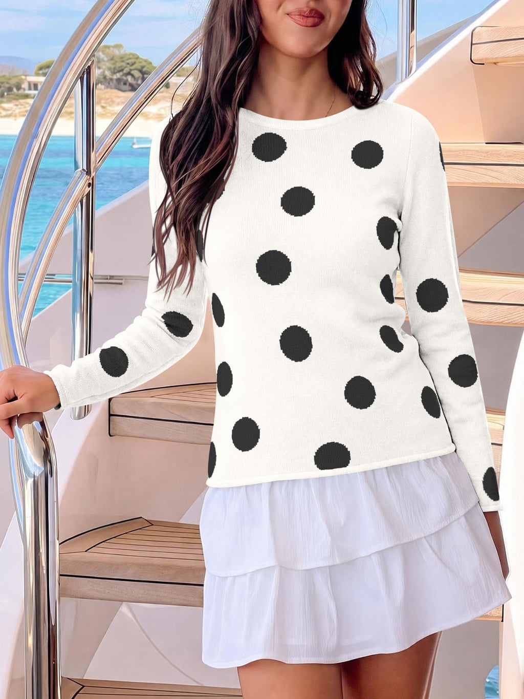 Saodimallsu Womens Polka Dot Long Sleeve Sweater