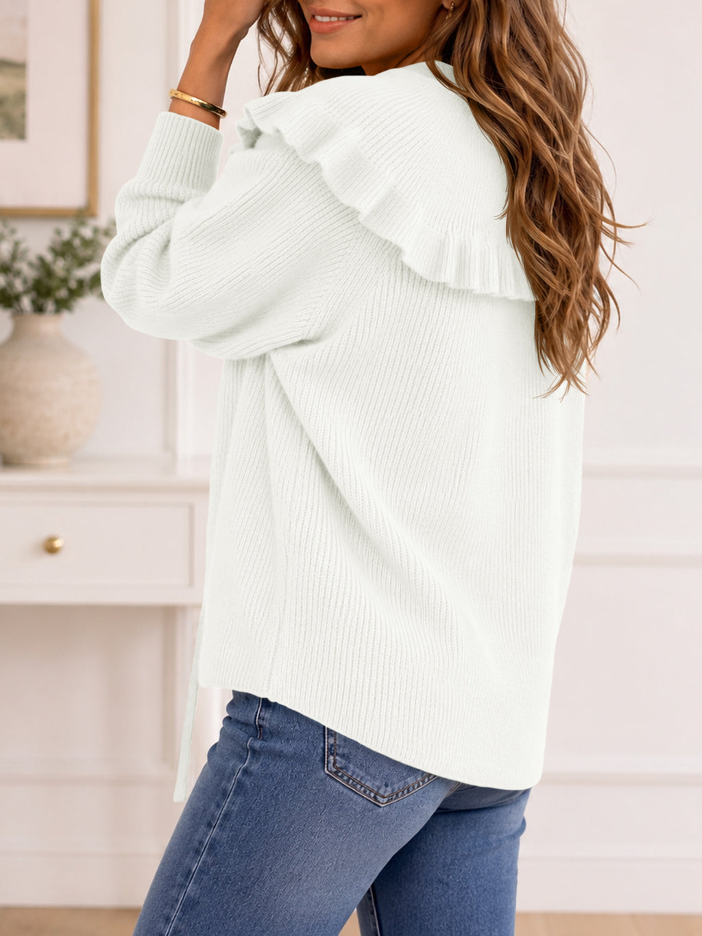Saodimallsu Women Ruffle Collar Knit Cardigan