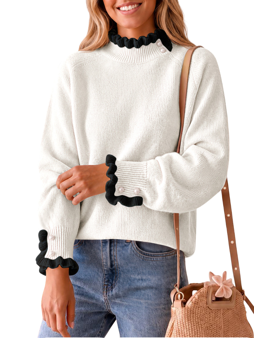 Saodimallsu Womens Mock Neck Ruffle Pearl Sweater