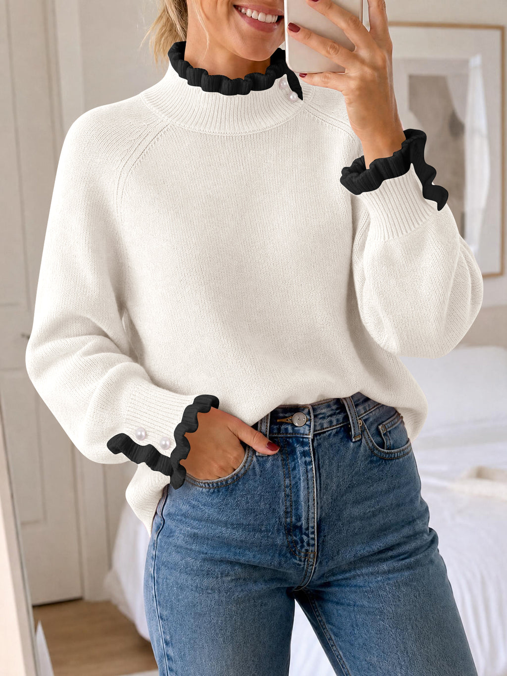 Saodimallsu Womens Mock Neck Ruffle Pearl Sweater