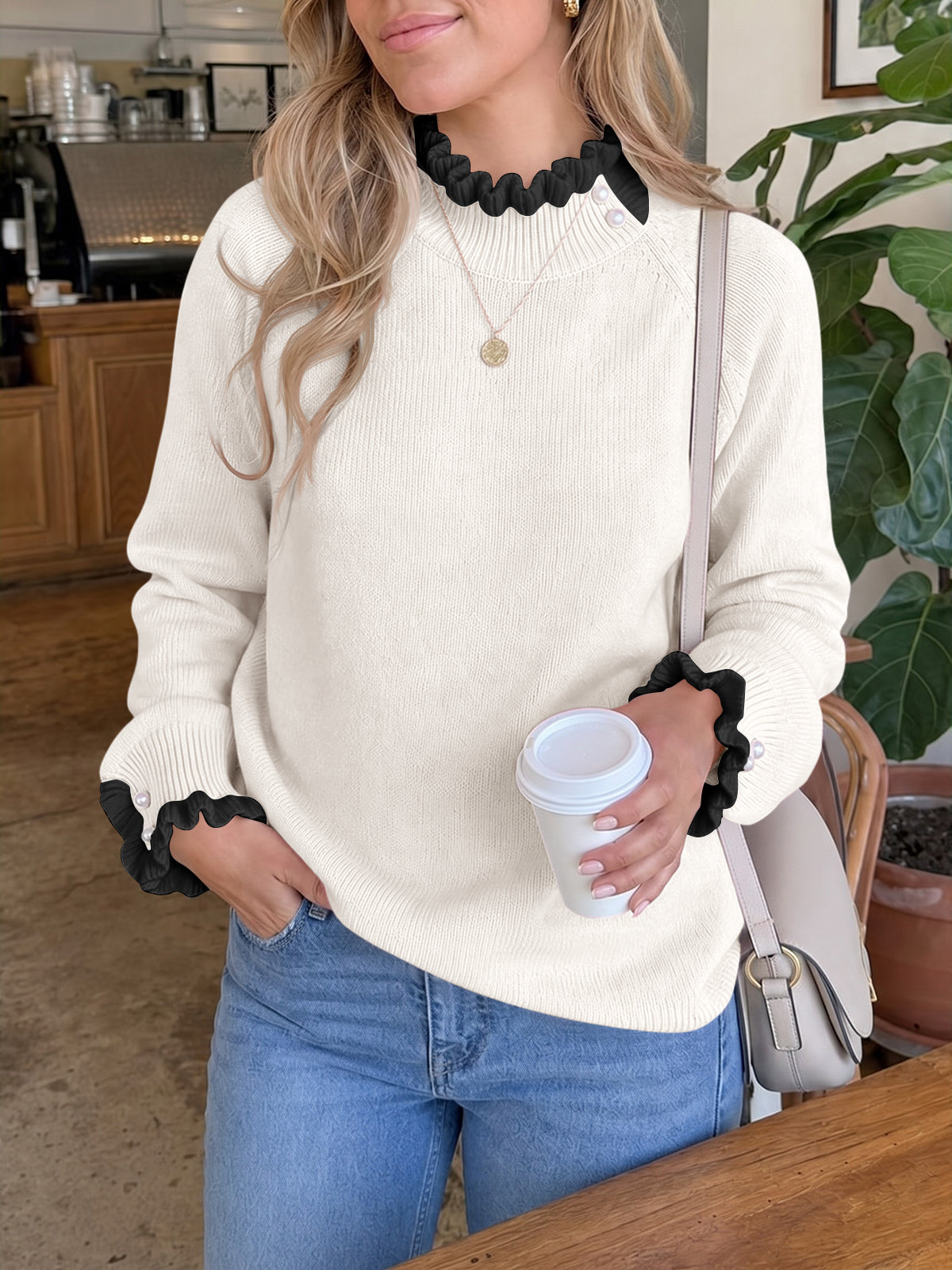 Saodimallsu Womens Mock Neck Ruffle Pearl Sweater