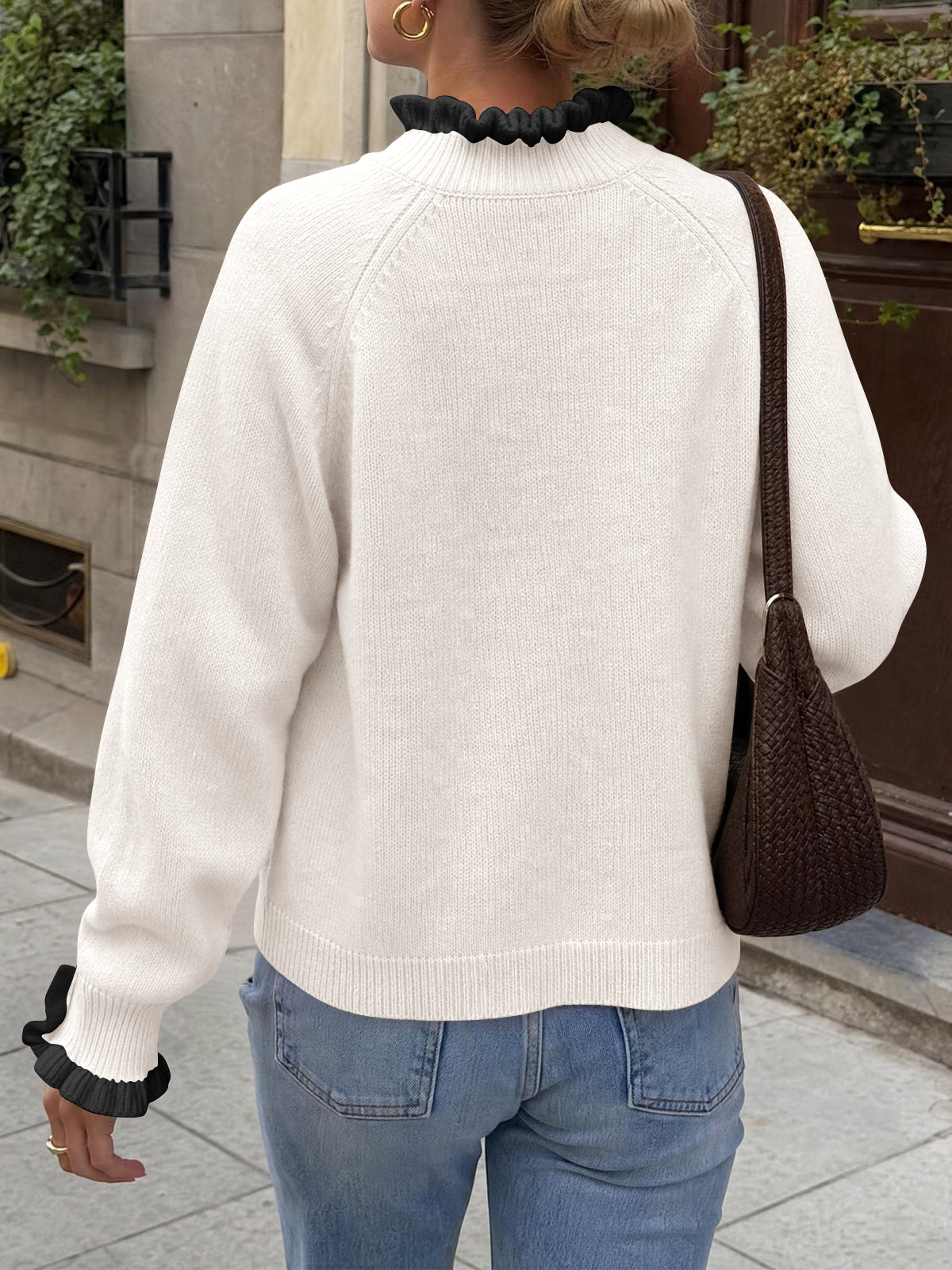 Saodimallsu Womens Mock Neck Ruffle Pearl Sweater