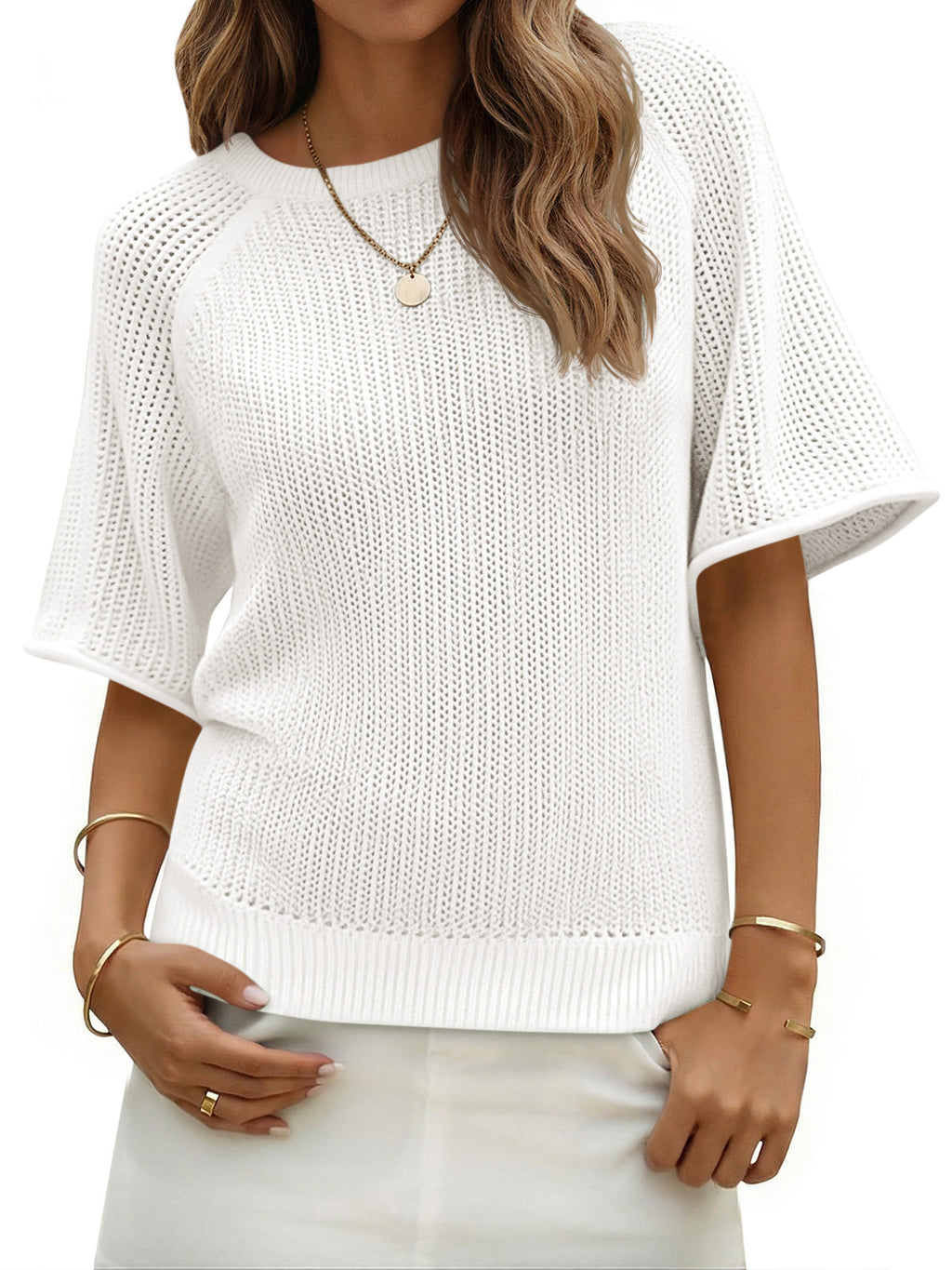 Saodimallsu Womens Crochet Short Sleeve Knit Sweater