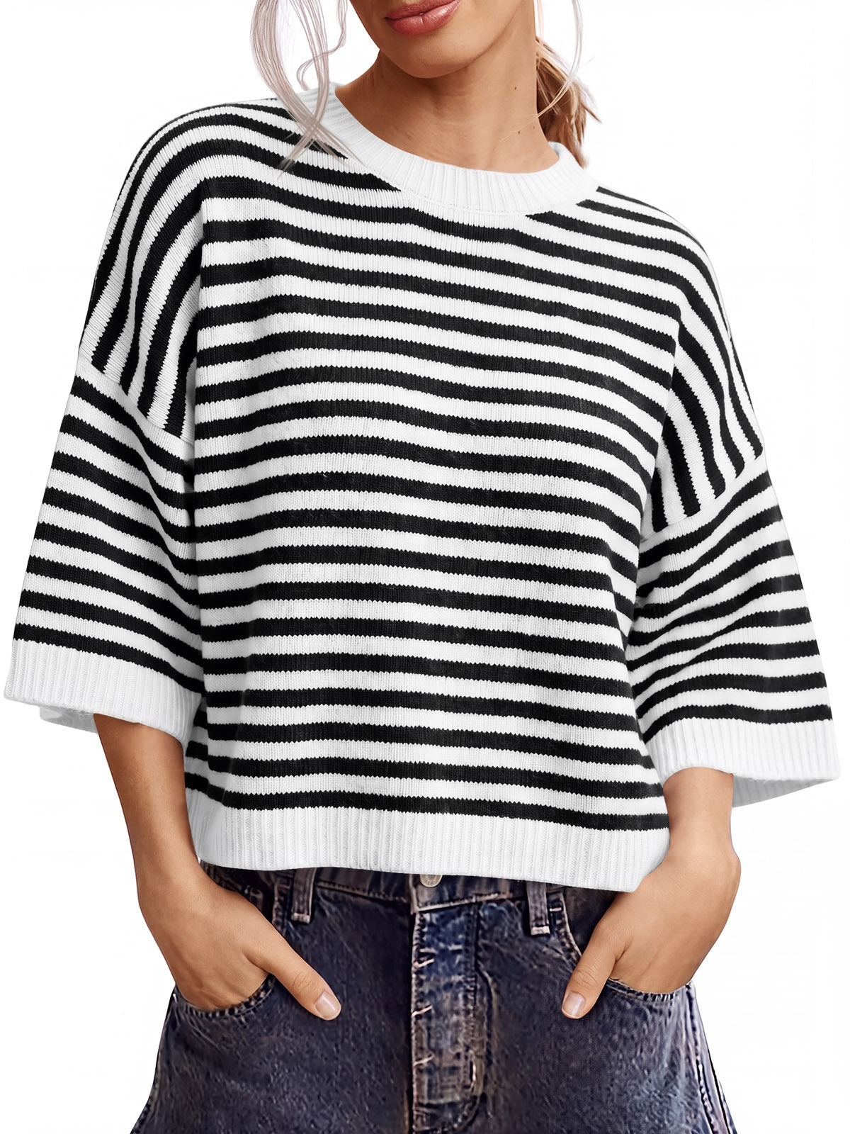 Saodimallsu Women Striped Short Sleeve Knit Top