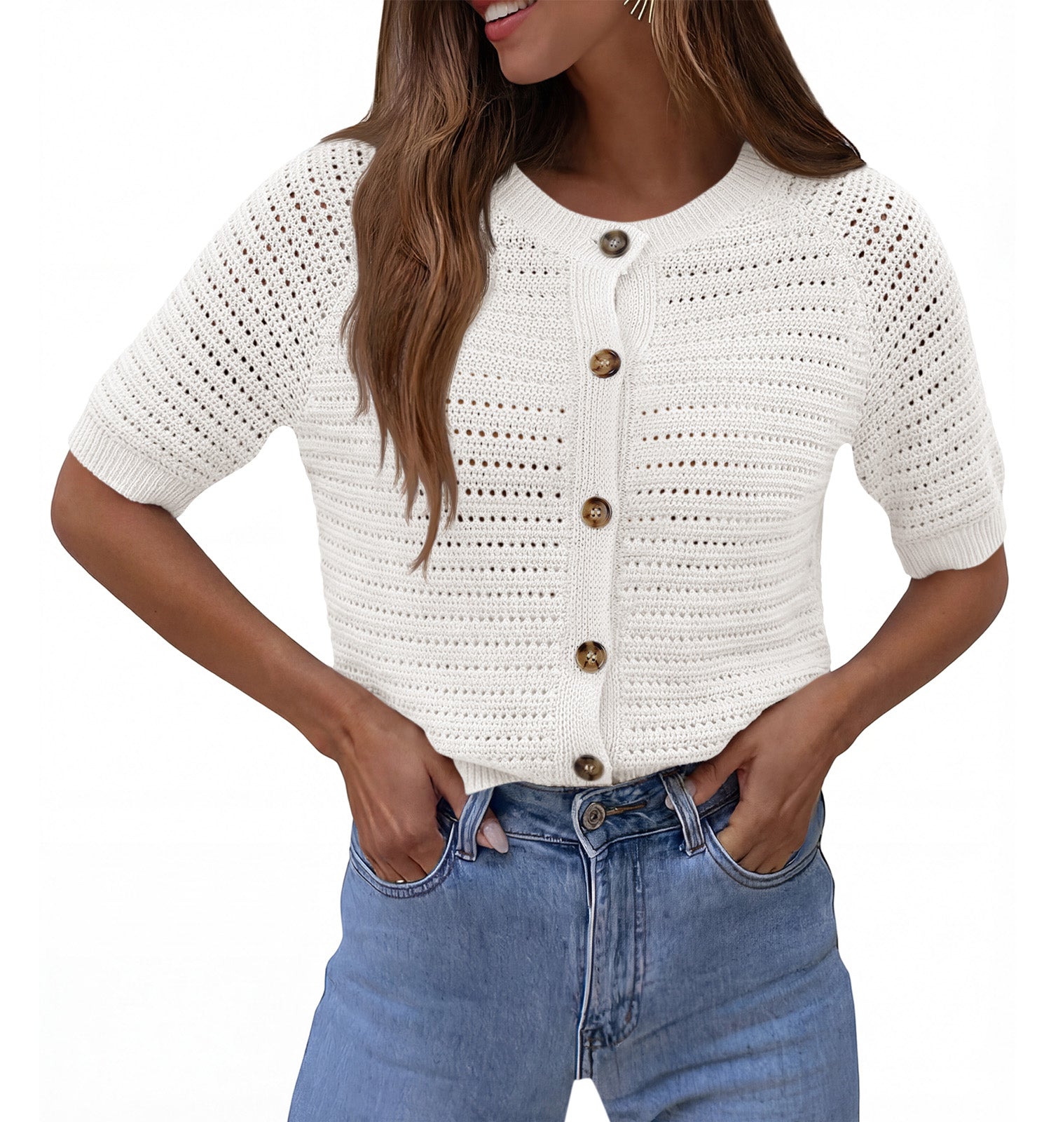 Saodimallsu Womens Crochet Short Sleeve Button Down Cardigan