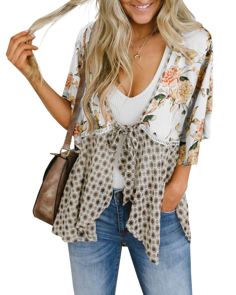 Saodimallsu Womens Tie Front Floral Kimono Cardigans