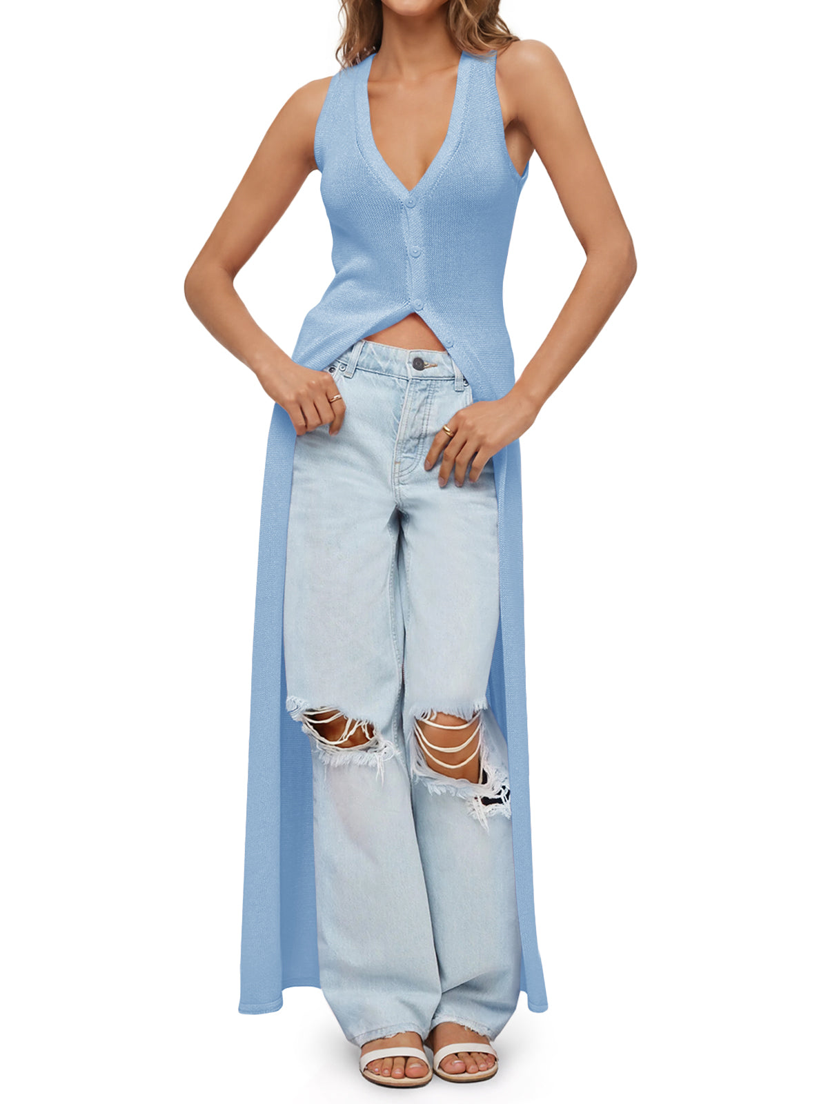 Saodimallsu Womens Sleeveless V Neck Long Cardigans