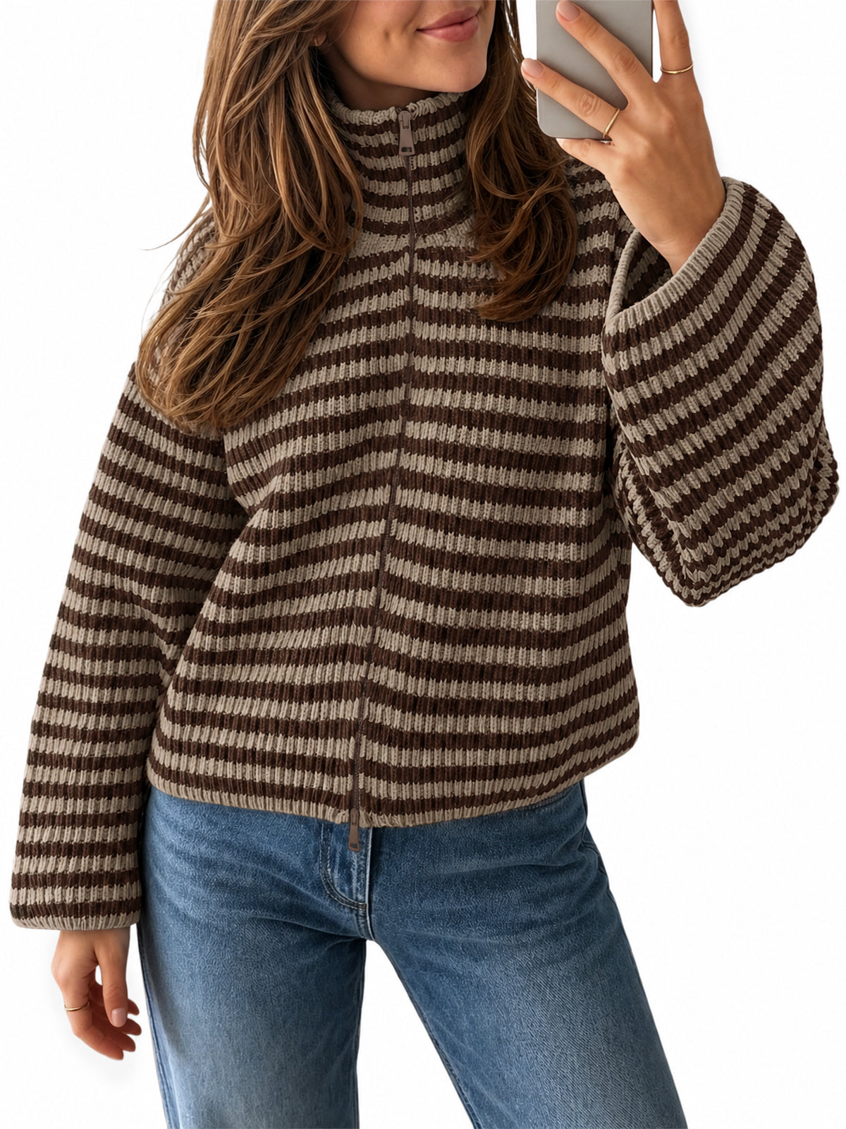 Saodimallsu Womens Striped Zip Knit Cardigan