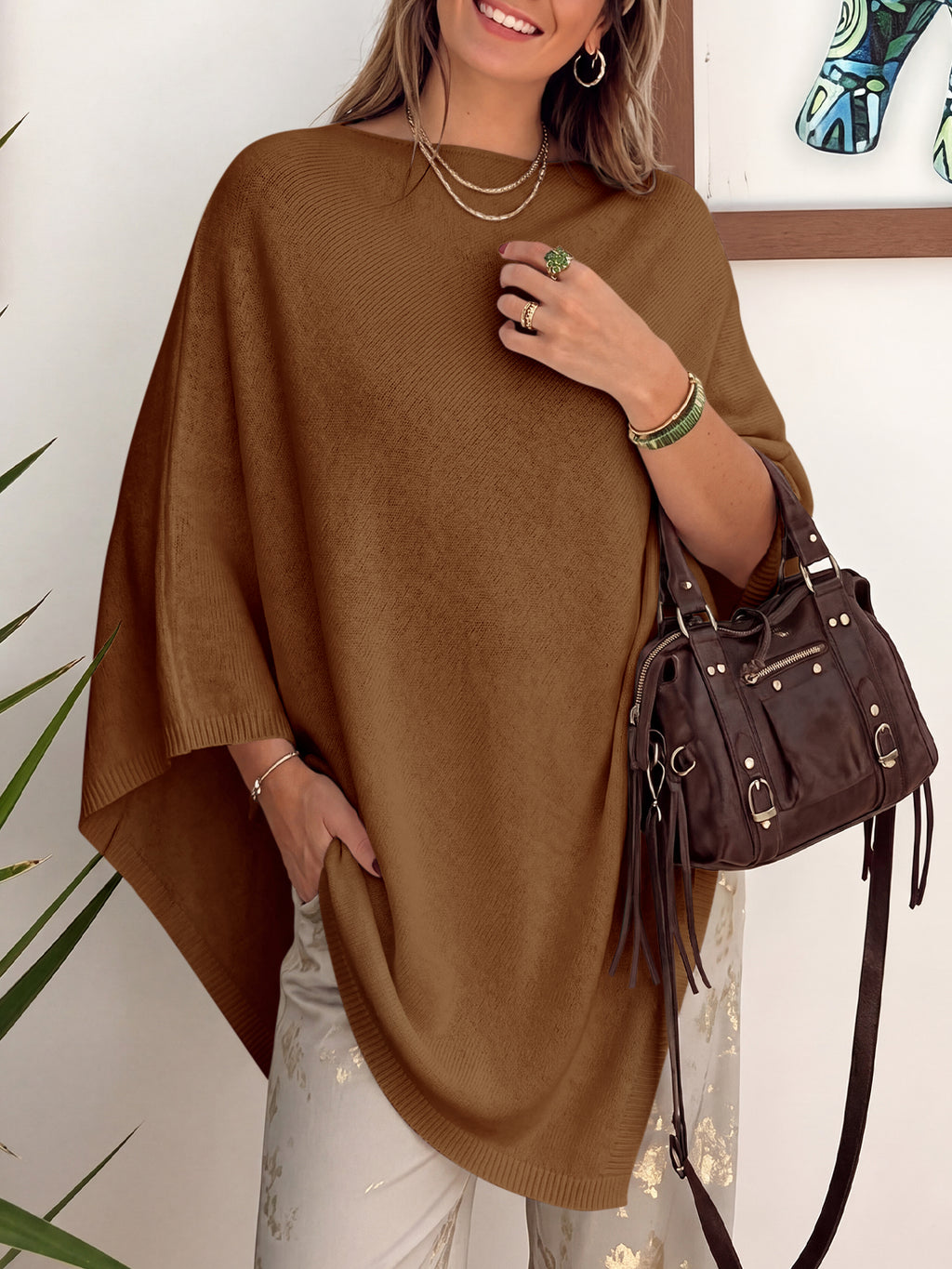 Saodimallsu Women Poncho Boat Neck Knit Sweater