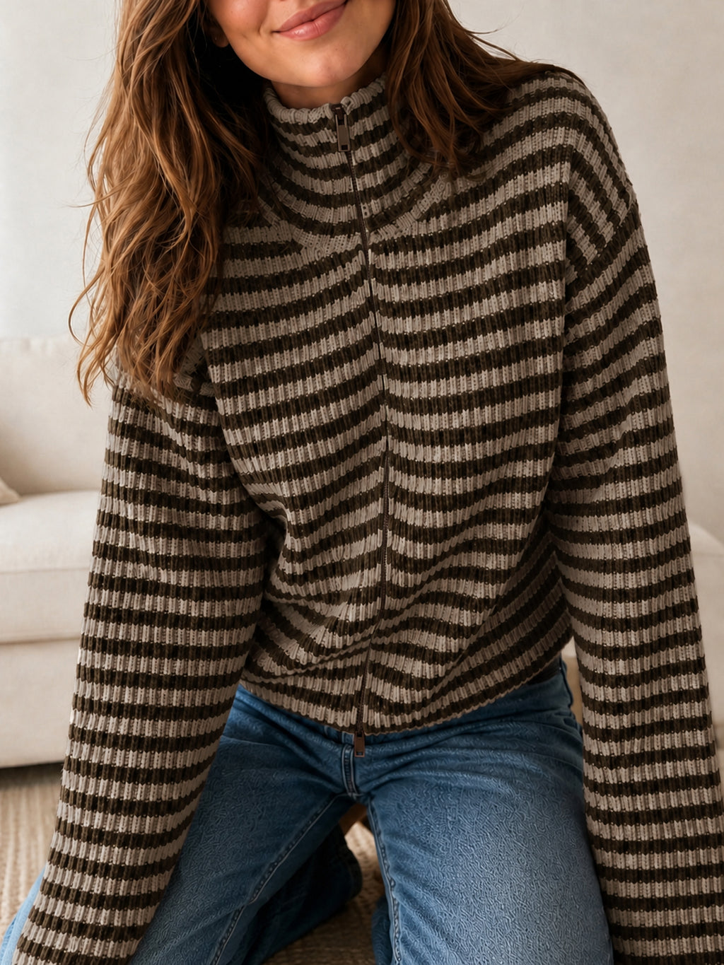Saodimallsu Womens Striped Zip Knit Cardigan