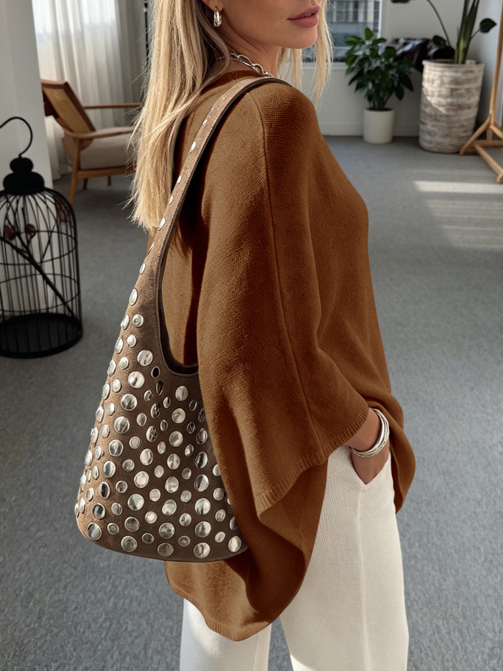Saodimallsu Women Poncho Boat Neck Knit Sweater
