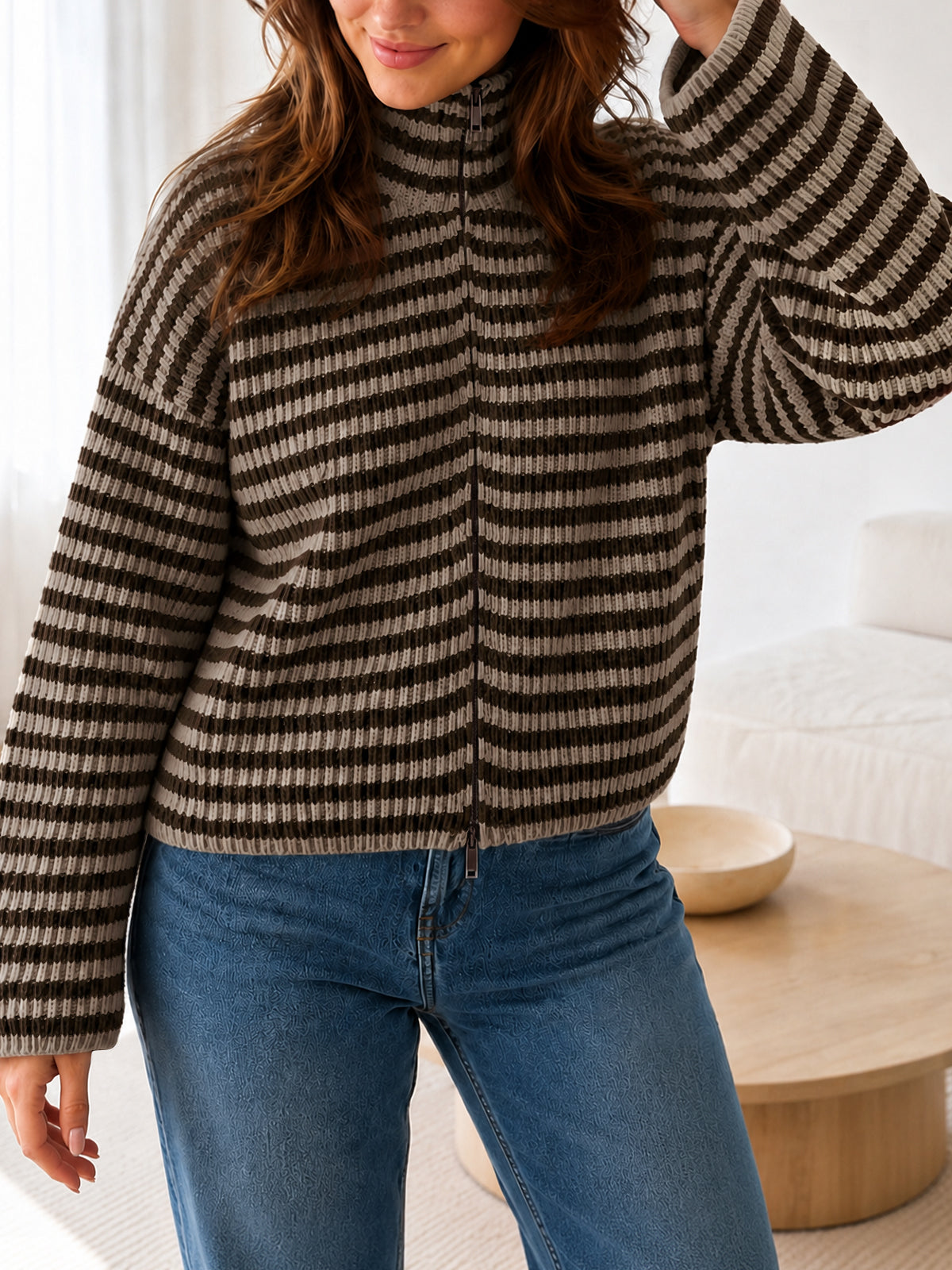 Saodimallsu Womens Striped Zip Knit Cardigan