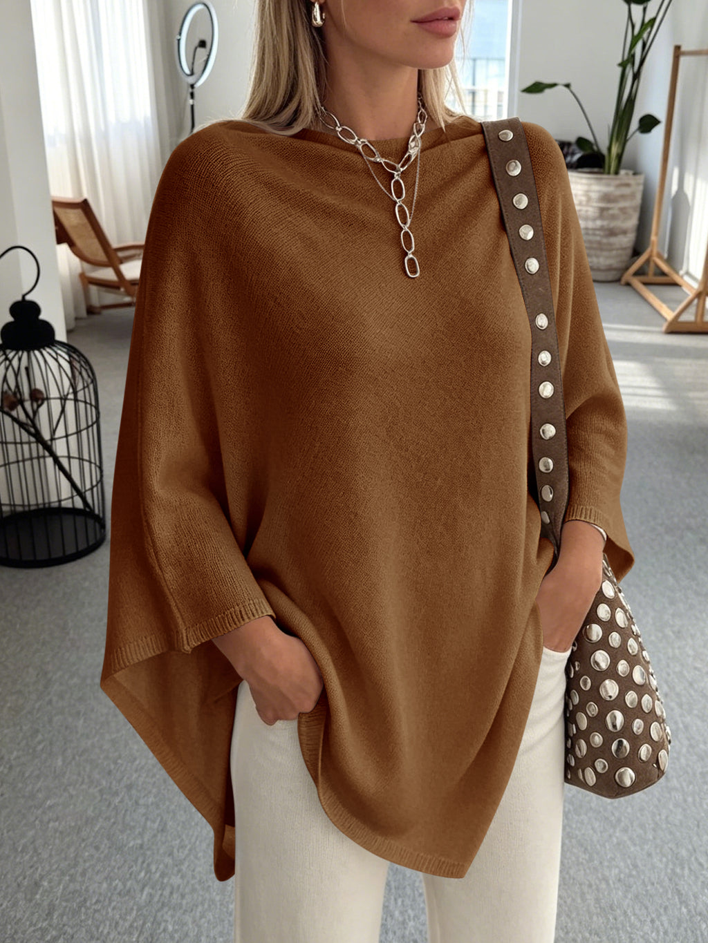 Saodimallsu Women Poncho Boat Neck Knit Sweater