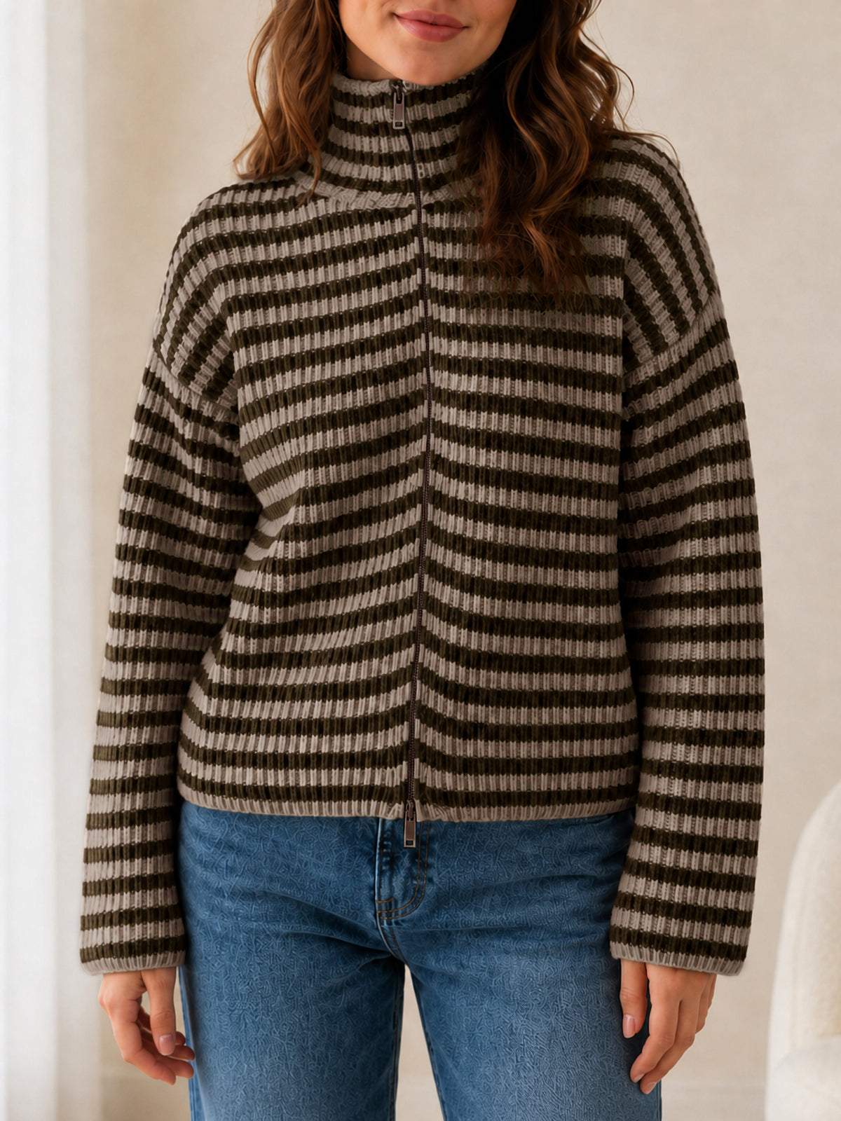 Saodimallsu Womens Striped Zip Knit Cardigan