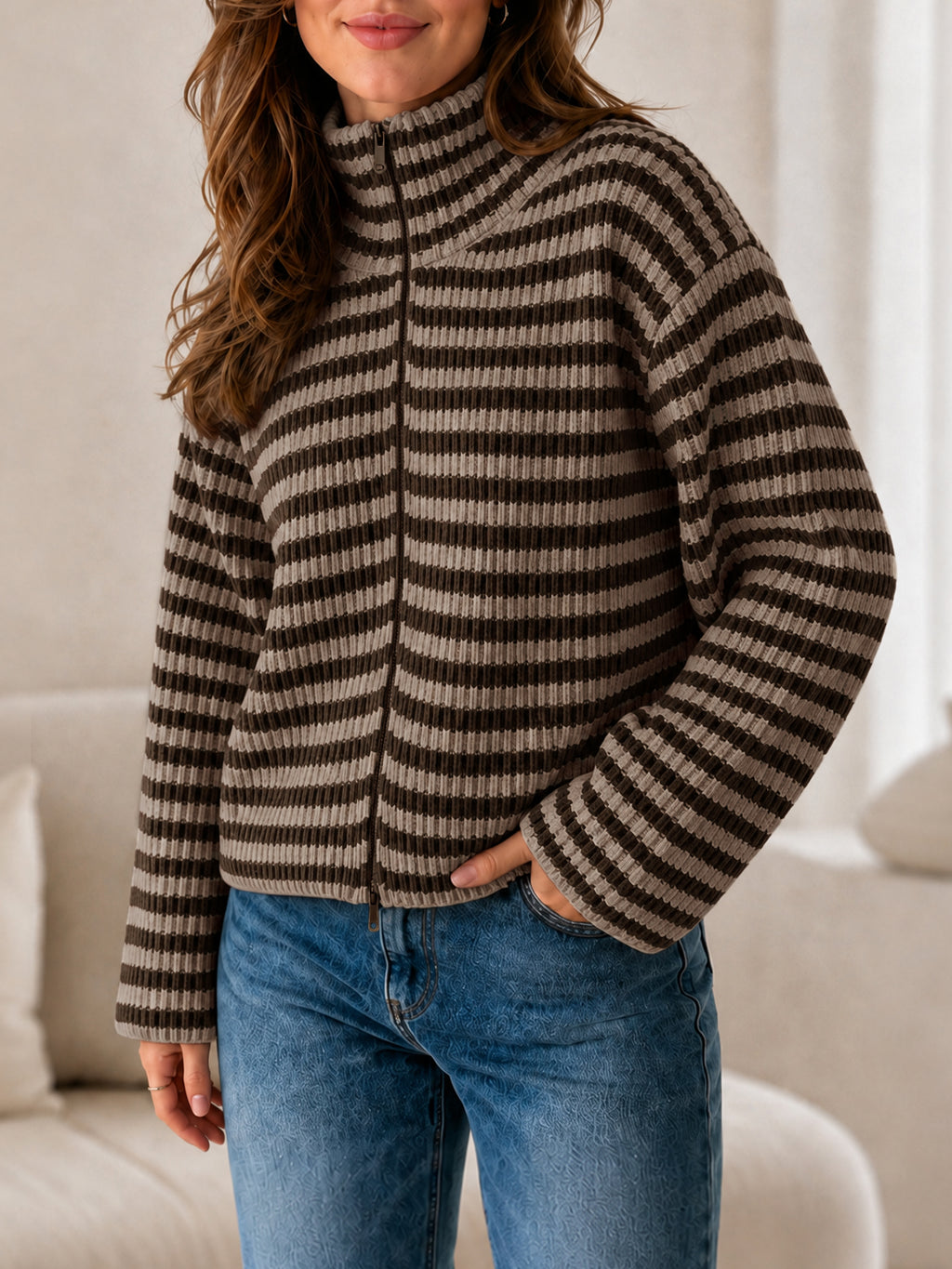 Saodimallsu Womens Striped Zip Knit Cardigan