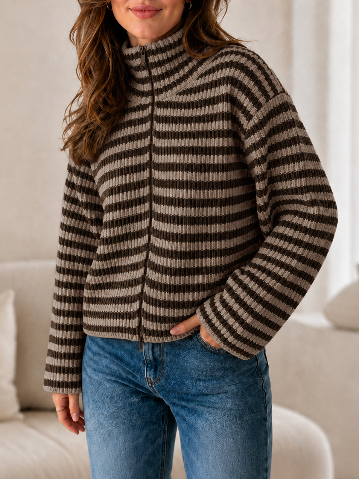 Saodimallsu Womens Striped Zip Knit Cardigan