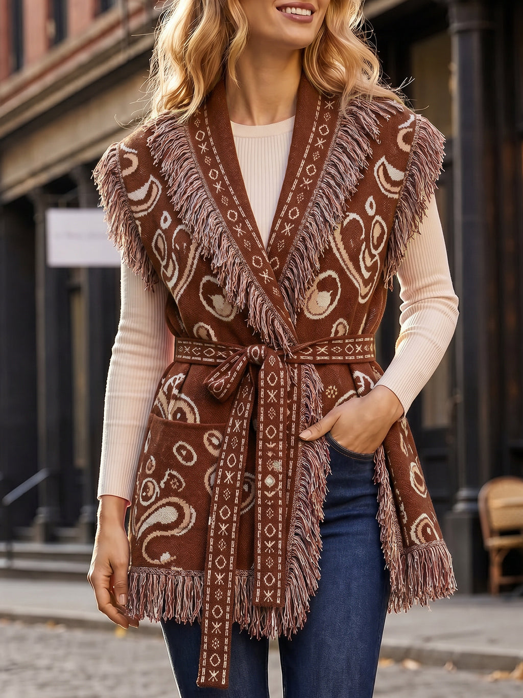 Saodimallsu Women Fringe Knit Cardigan