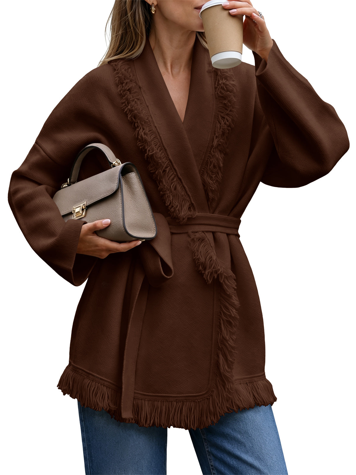 Saodimallsu Womens Tassel Fringe Lapel Cardigan