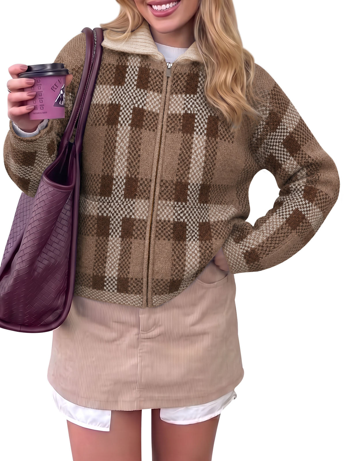 Saodimallsu Womens Plaid Color Block Zip Cardigan