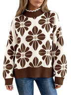 Saodimallsu Womens Mock Neck Floral Knit Sweater