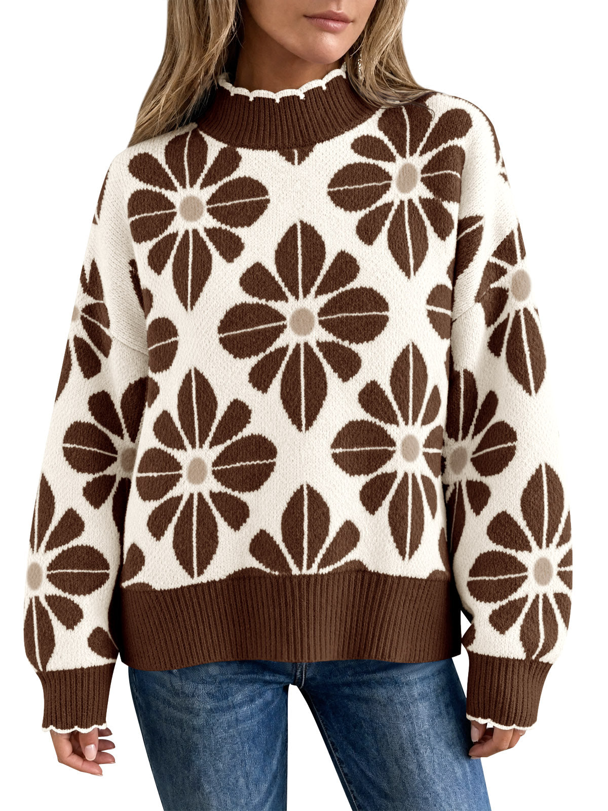Saodimallsu Womens Mock Neck Floral Knit Sweater