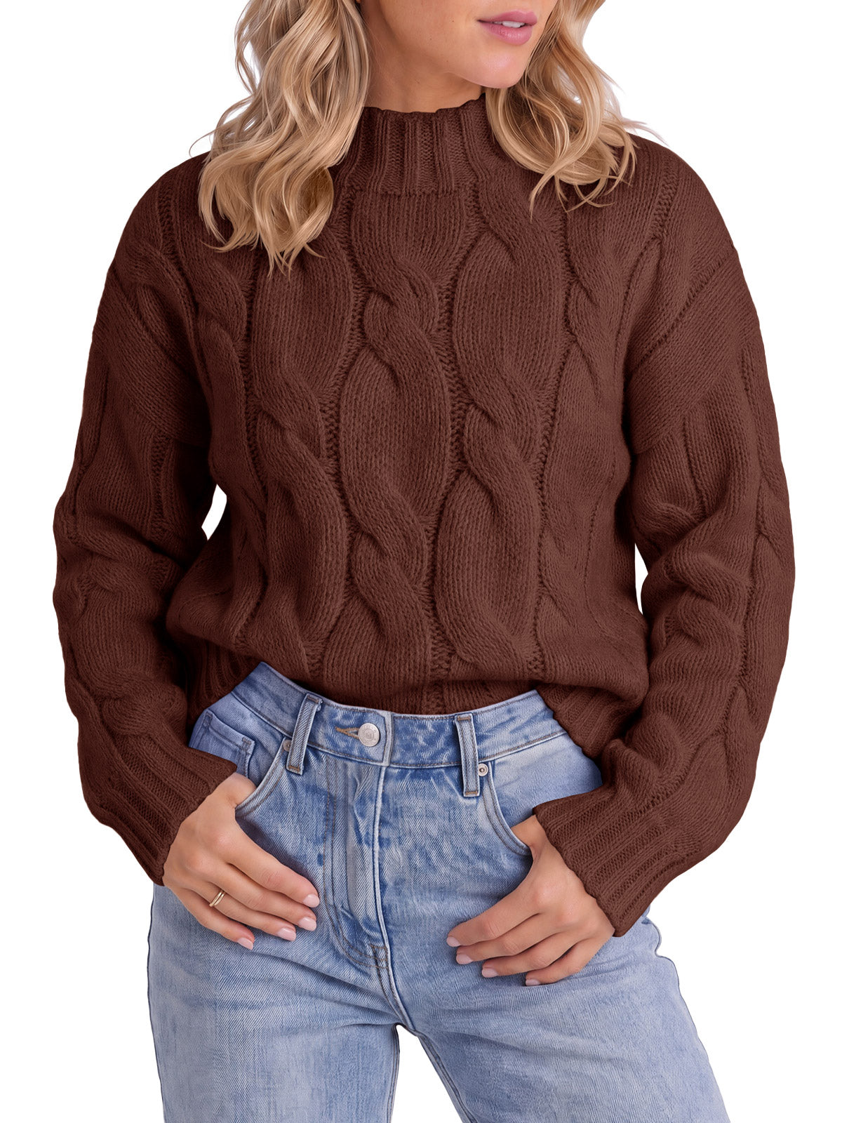 Saodimallsu Womens Mock Neck Cable Knit Sweater