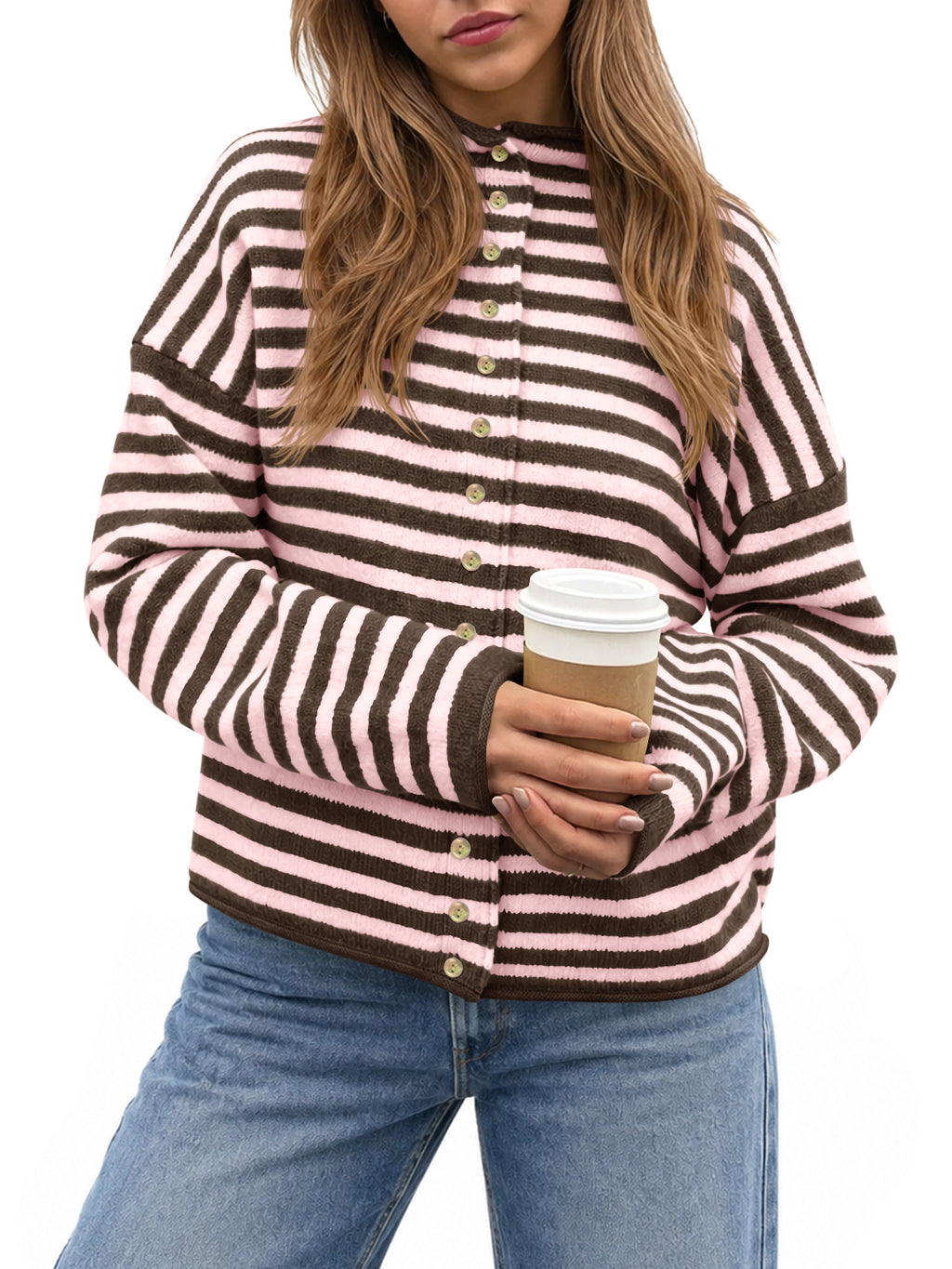Saodimallsu Womens Striped Mock Neck Cardigan