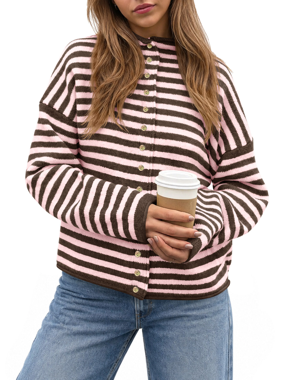 Saodimallsu Womens Striped Mock Neck Cardigan