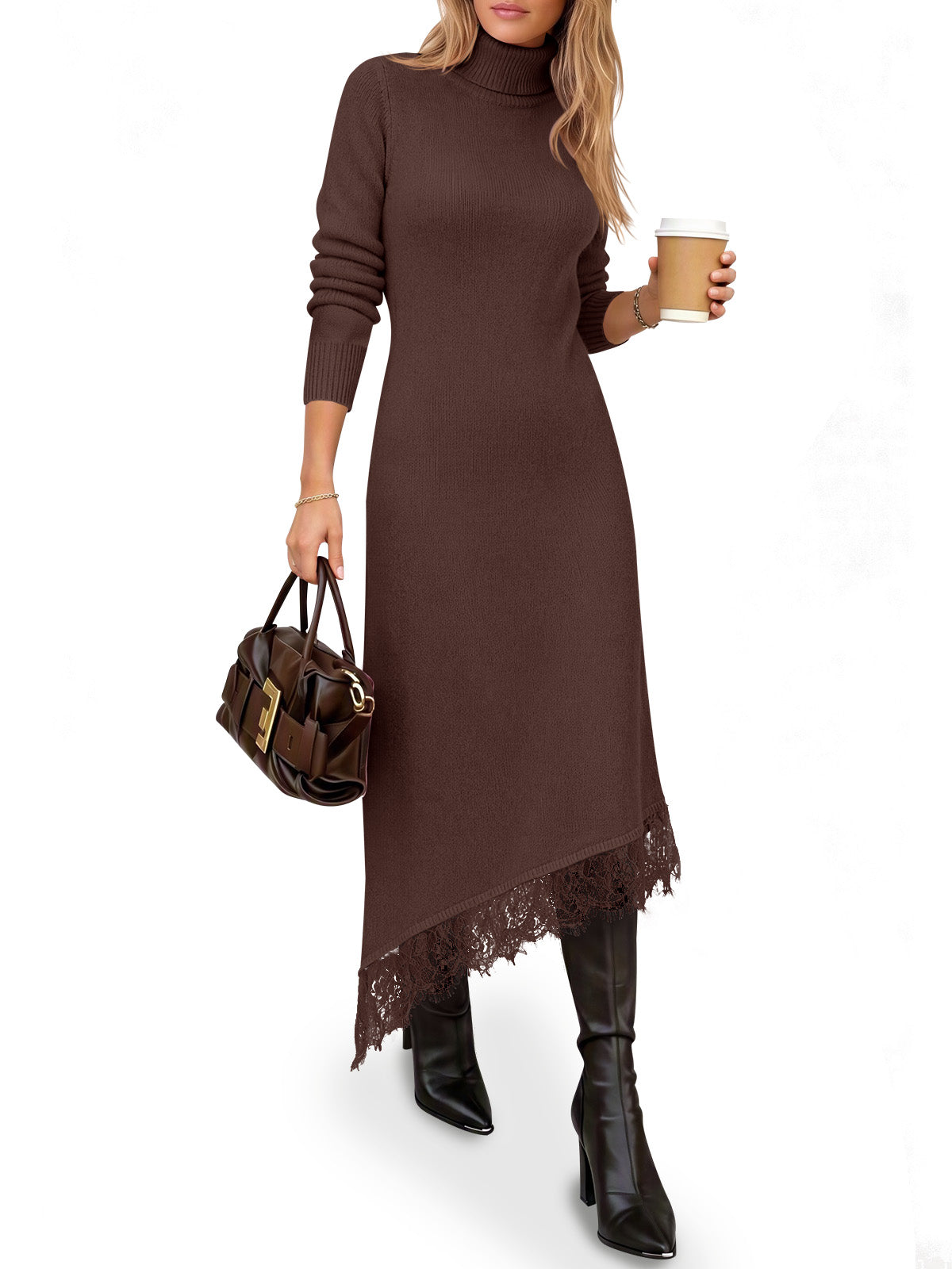 Saodimallsu Womens Lace Turtleneck Sweater Dress