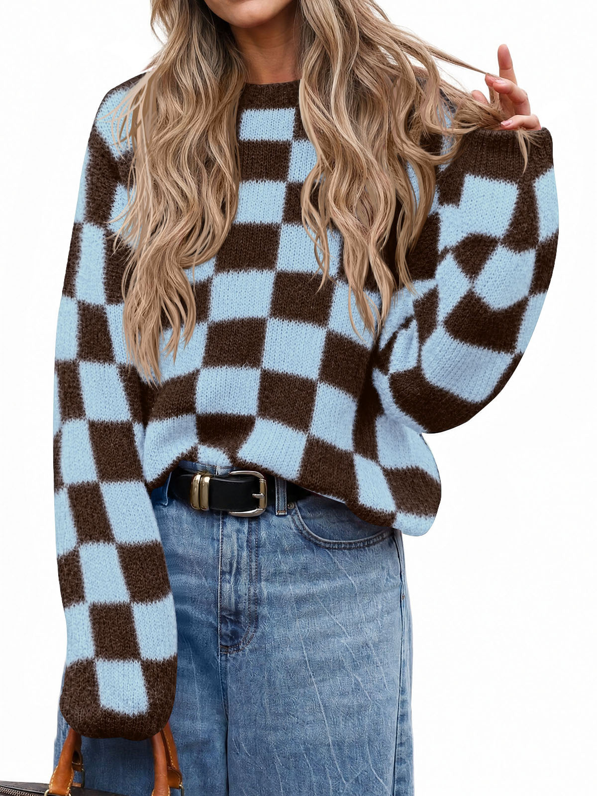 Saodimallsu Womens Checkered Fuzzy Sweaters