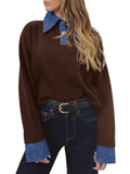 Saodimallsu Women Denim Patchwork V Neck Sweater Tops