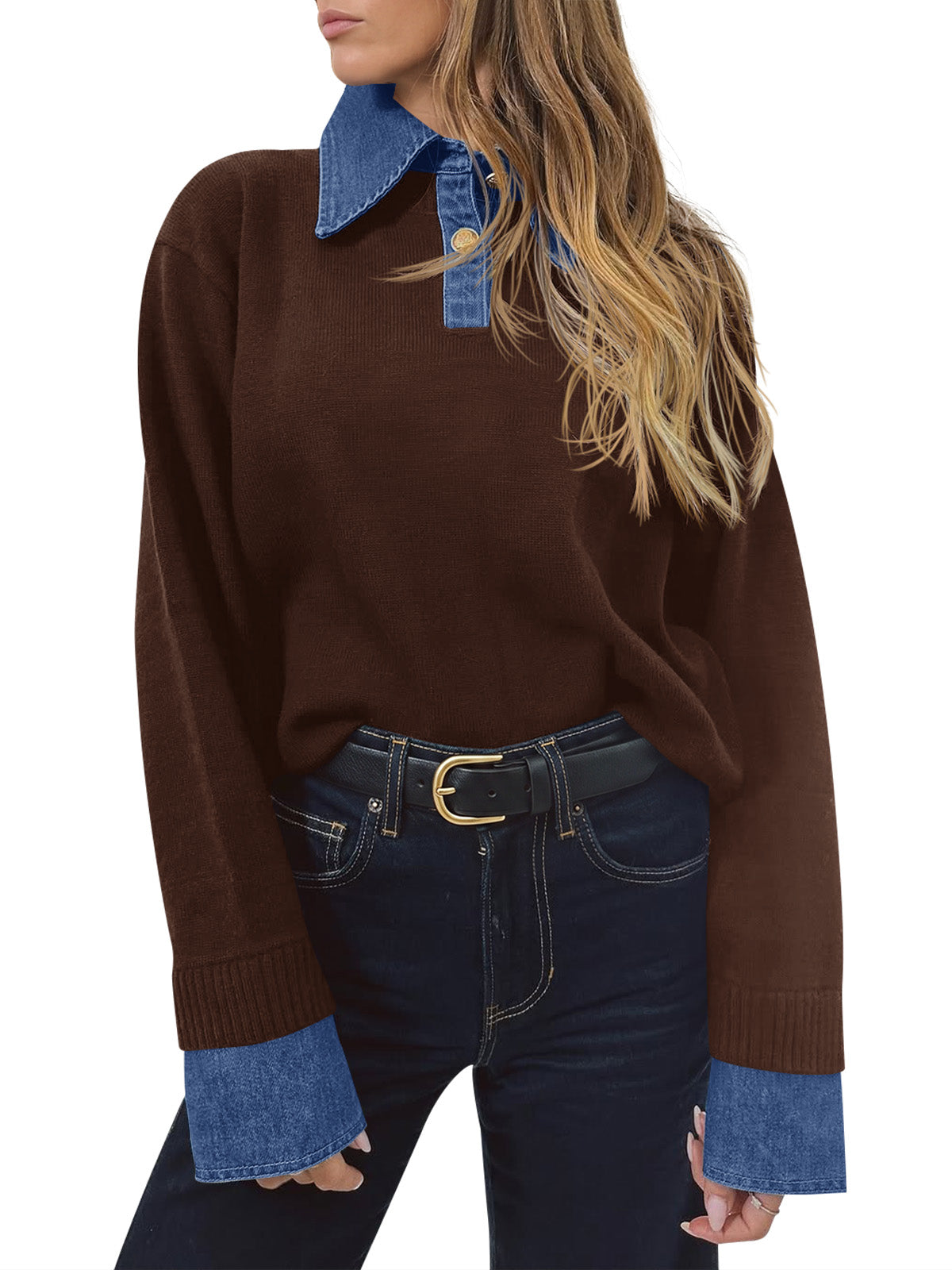 Saodimallsu Women Denim Patchwork V Neck Sweater Tops