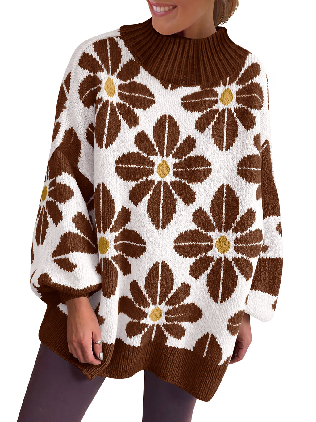 Saodimallsu Womens Floral Mock Neck Chunky Sweater