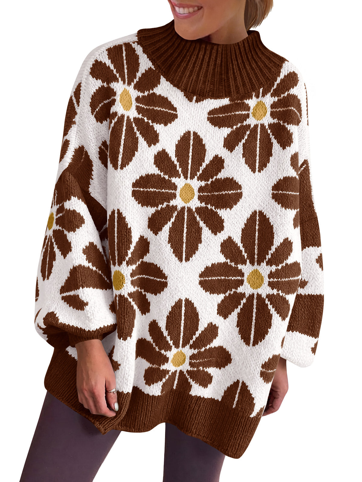 Saodimallsu Womens Floral Mock Neck Chunky Sweater