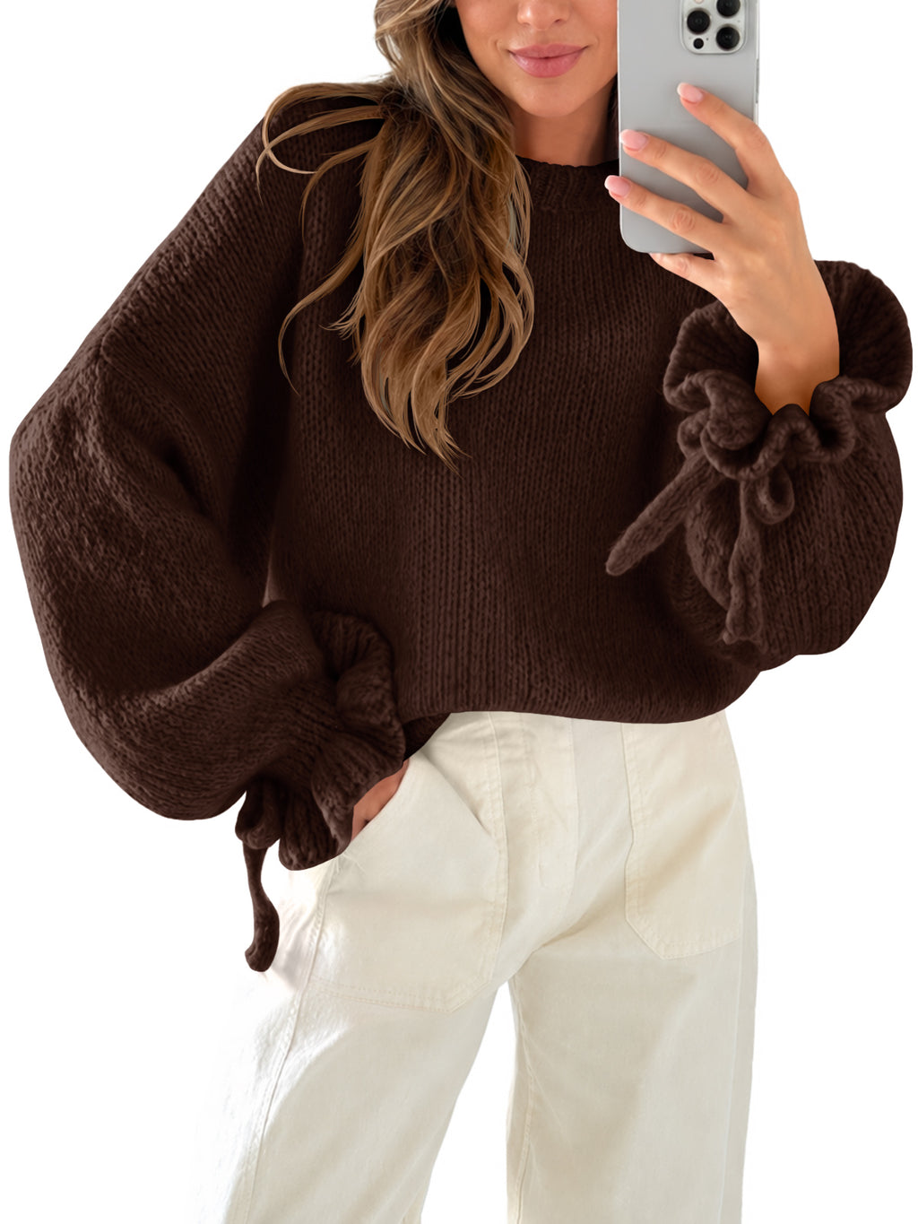 Saodimallsu Women Ruffle Long Sleeve Knit Sweater
