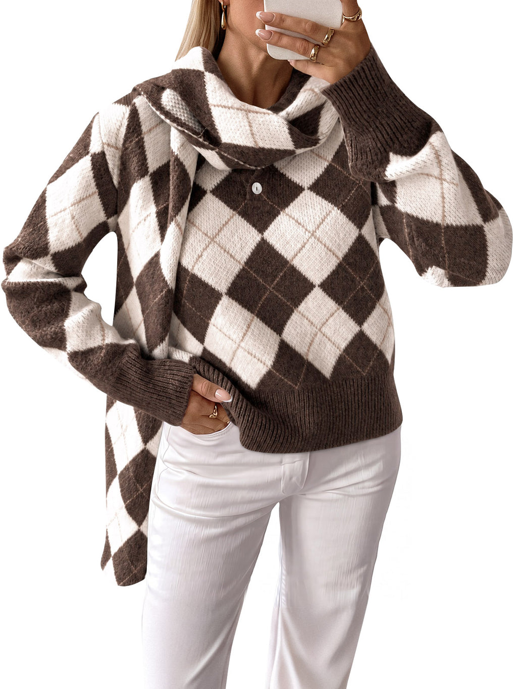 Saodimallsu Womens Argyle Color Block Polo Sweater