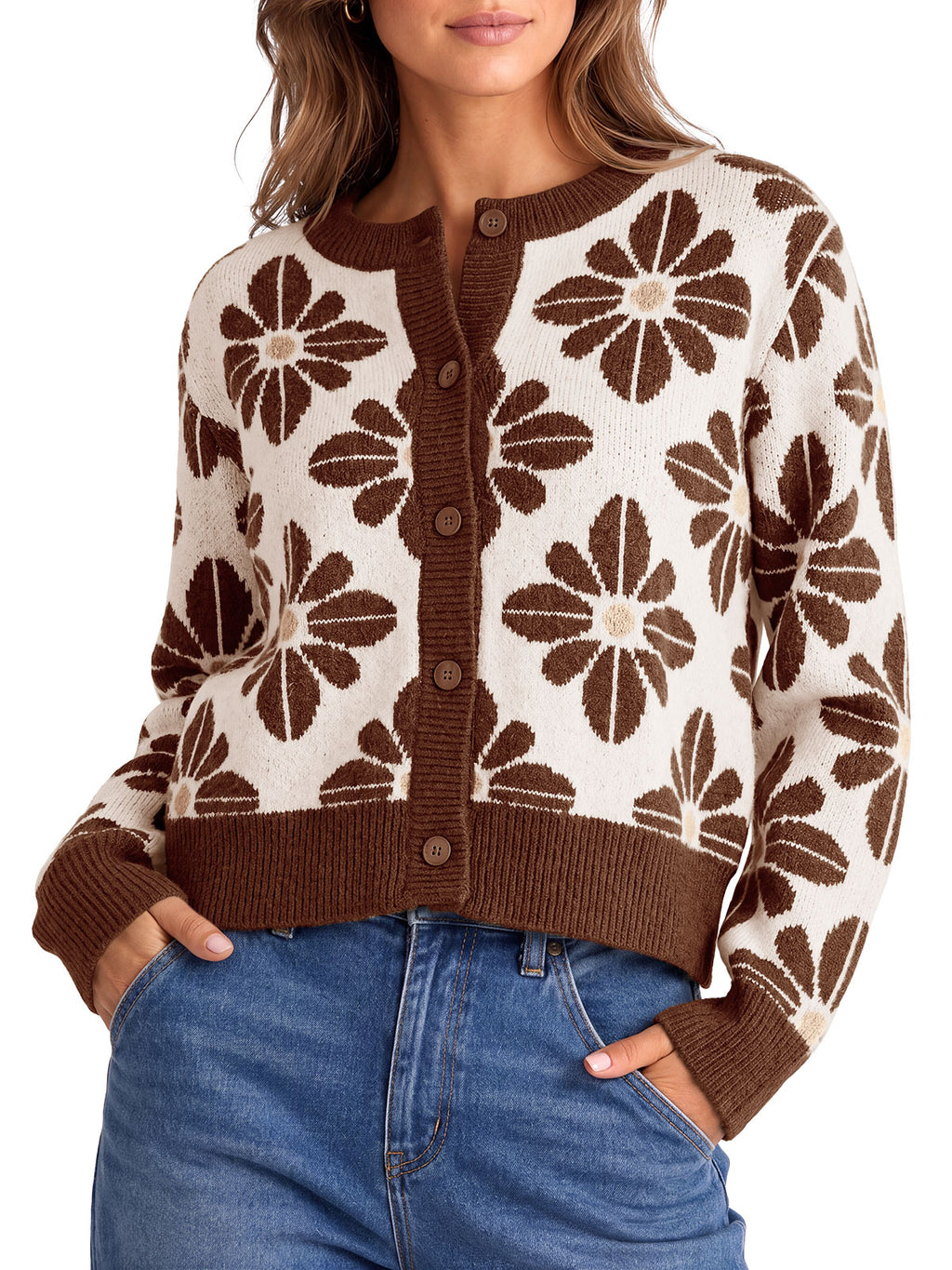 Saodimallsu Womens Floral Button Up Vintage Sweater
