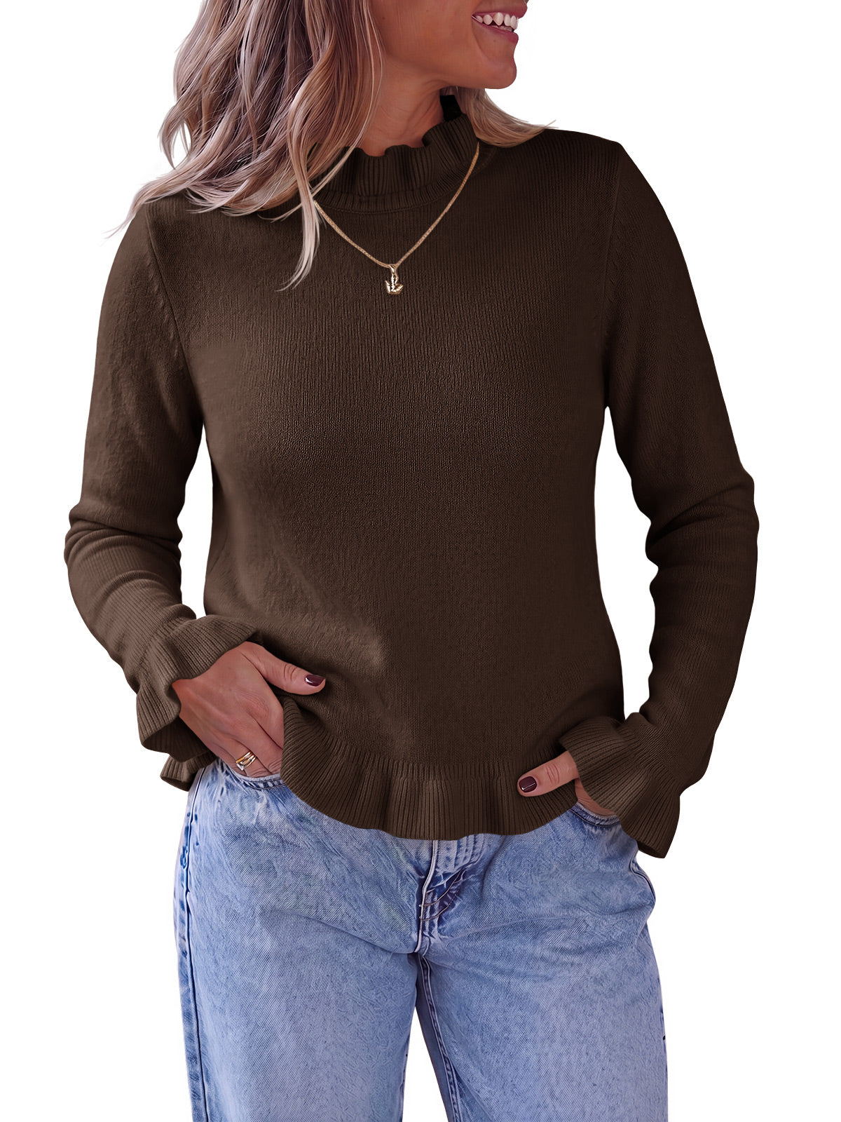 Saodimallsu Women Ruffle Mock Neck Knit Sweater