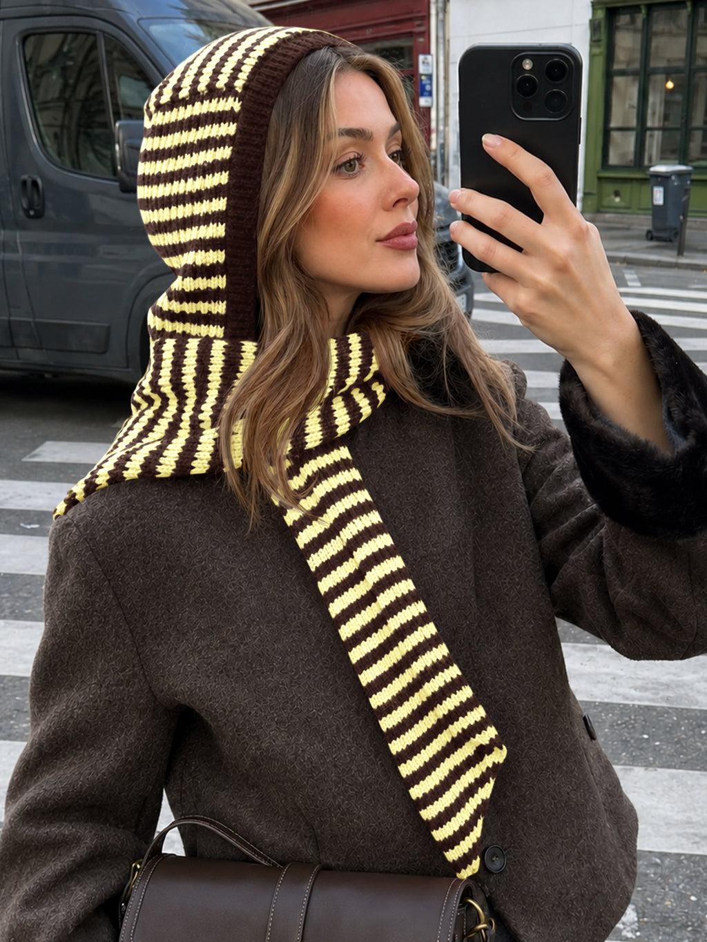 Saodimallsu Womens Striped Hooded Scarf Knit Hat