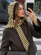 Saodimallsu Womens Striped Hooded Scarf Knit Hat
