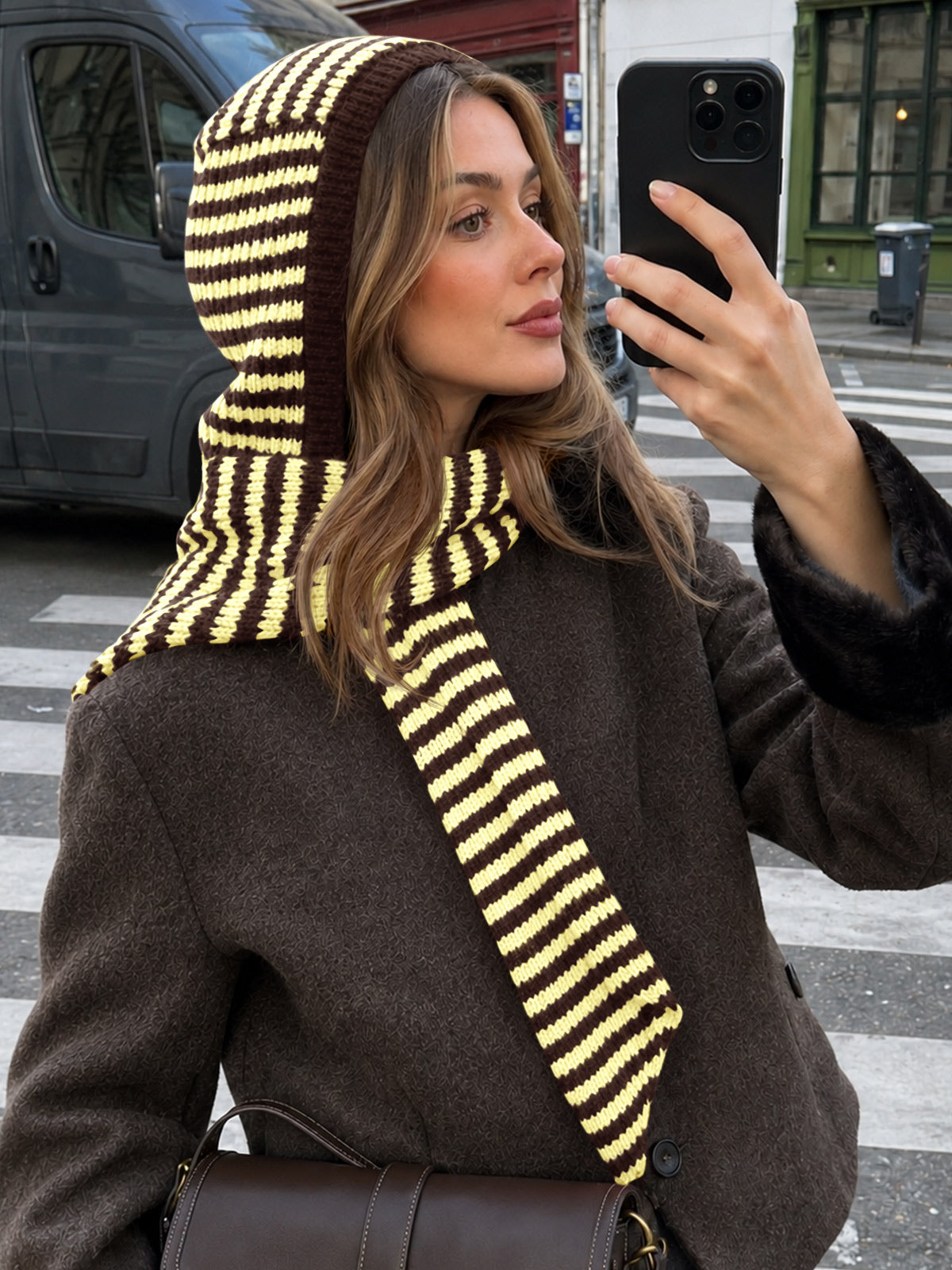 Saodimallsu Womens Striped Hooded Scarf Knit Hat