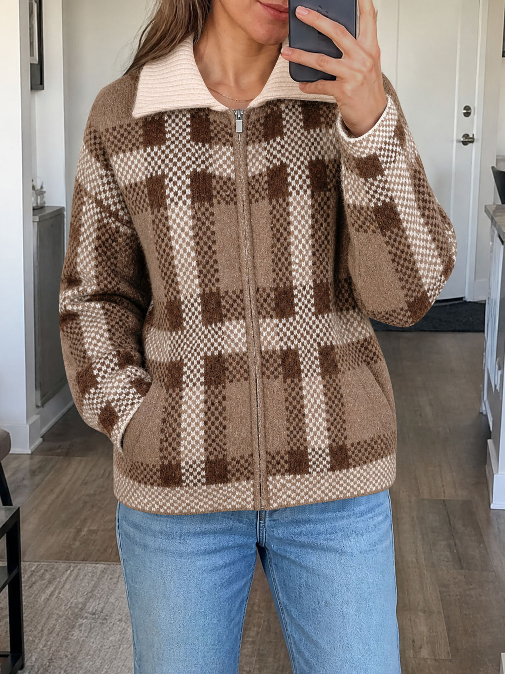 Saodimallsu Womens Plaid Color Block Zip Cardigan