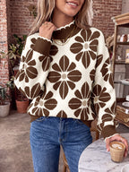 Saodimallsu Womens Mock Neck Floral Knit Sweater