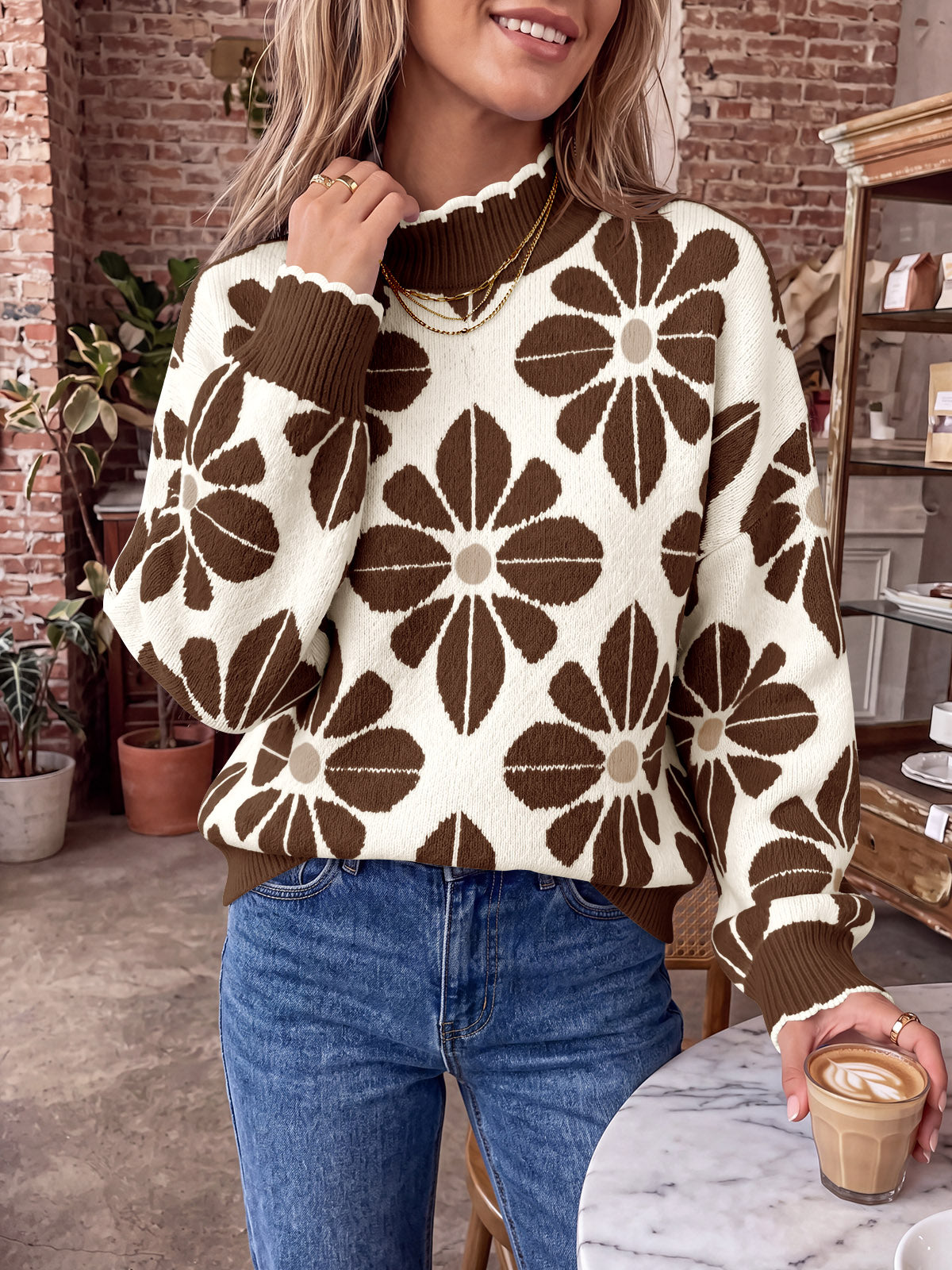 Saodimallsu Womens Mock Neck Floral Knit Sweater