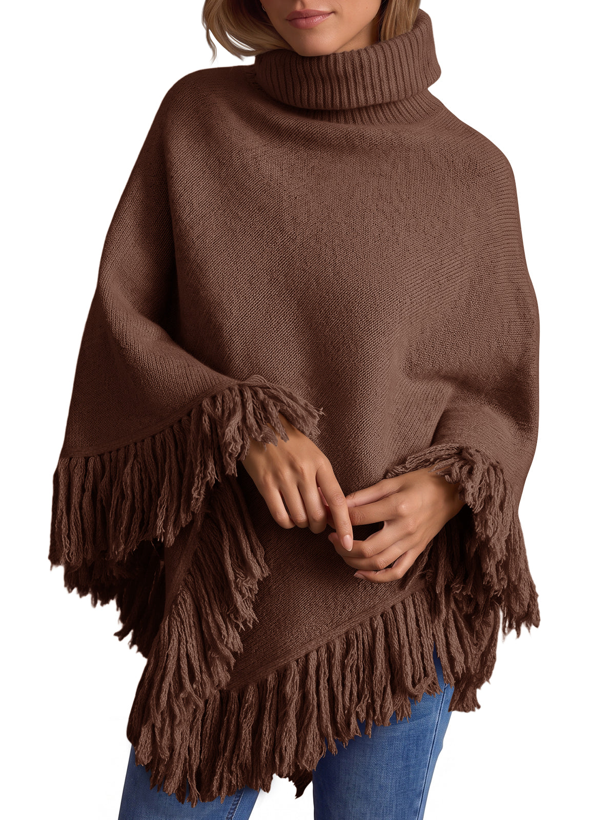 Saodimallsu Womens Fringe Turtleneck Poncho Sweater