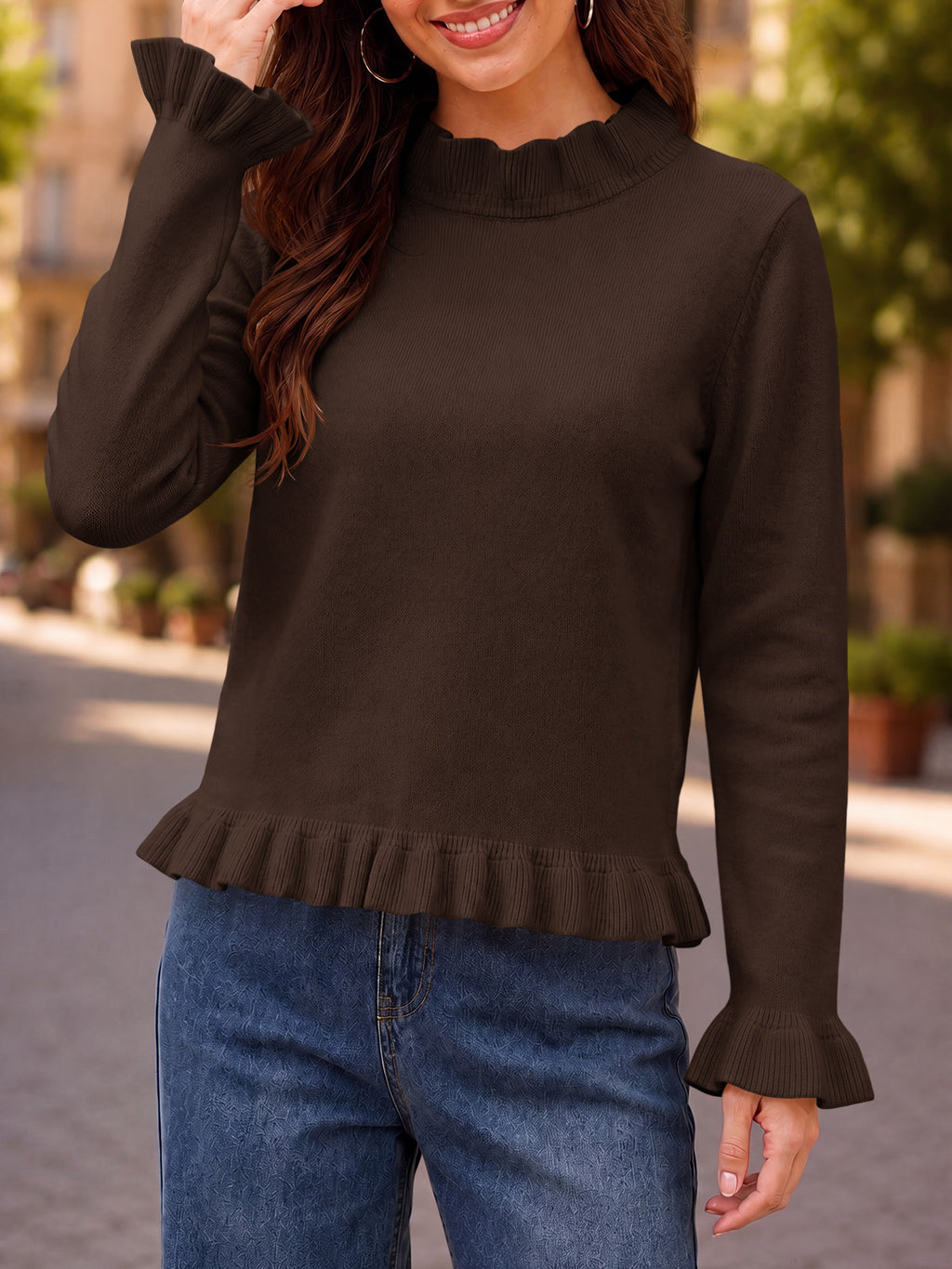 Saodimallsu Women Ruffle Mock Neck Knit Sweater