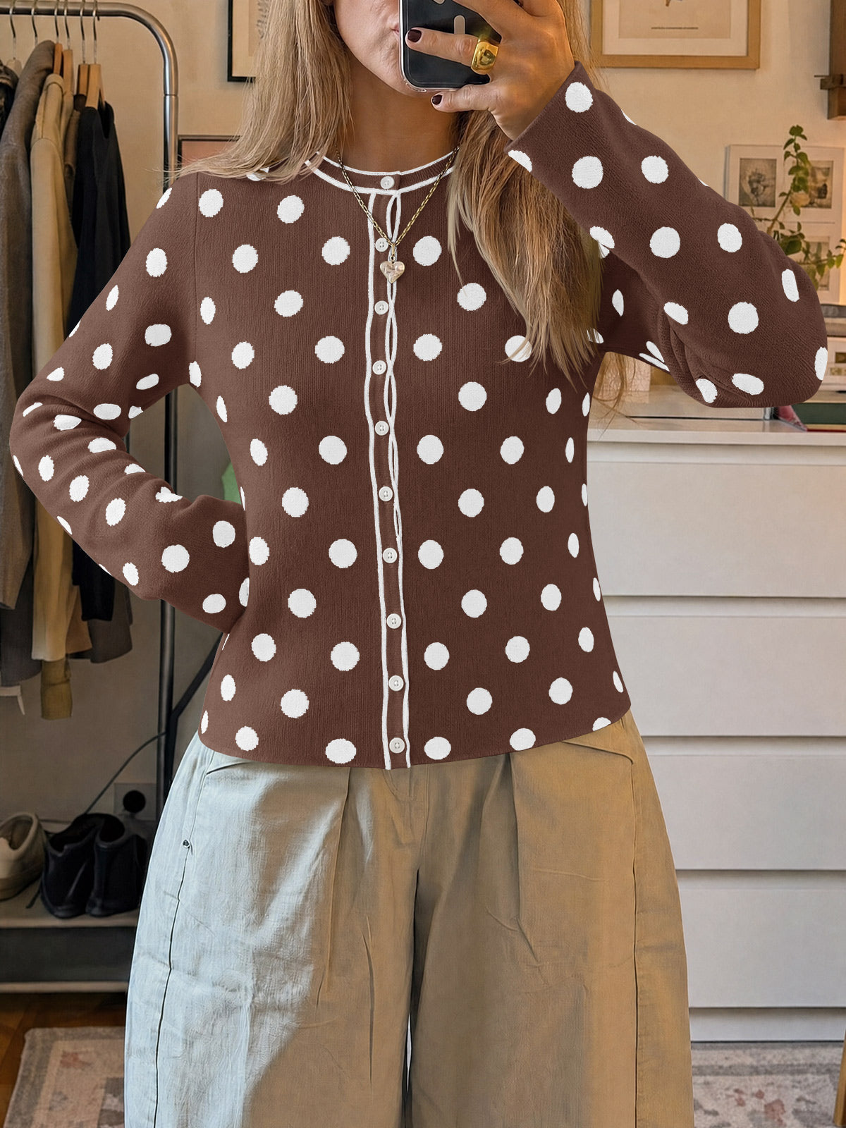 Saodimallsu Womens Polka Dot Button Up Cardigan