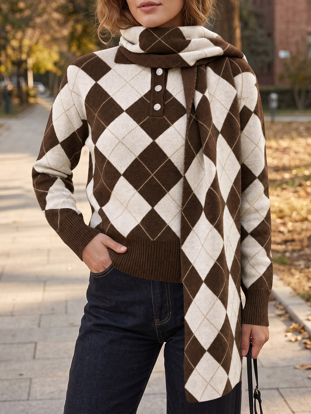 Saodimallsu Womens Argyle Color Block Polo Sweater