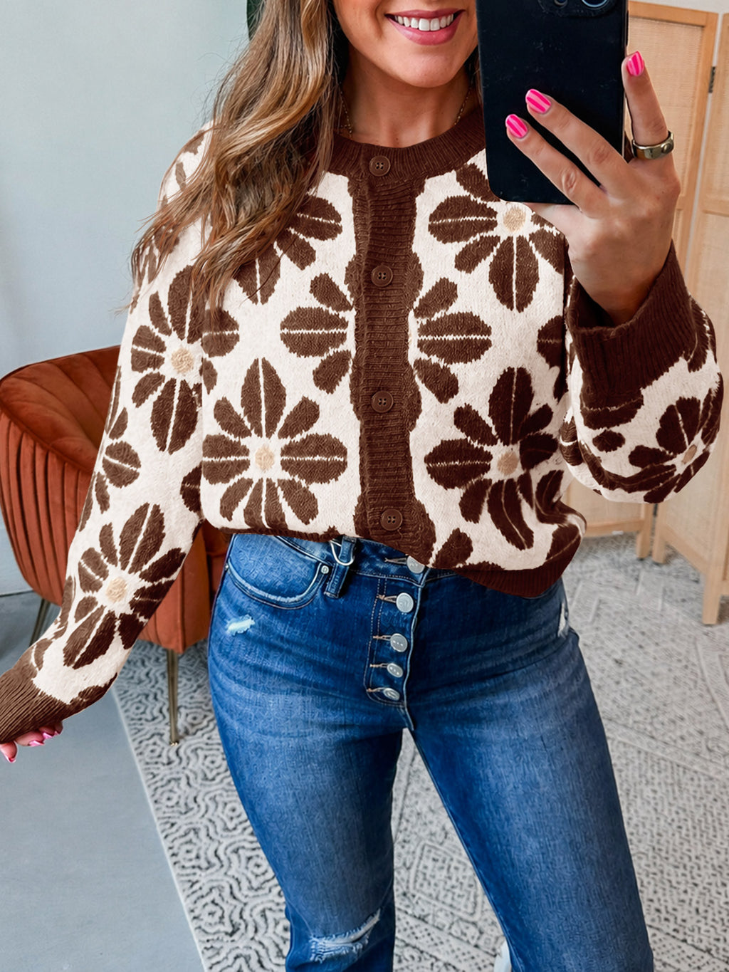 Saodimallsu Womens Floral Button Up Vintage Sweater
