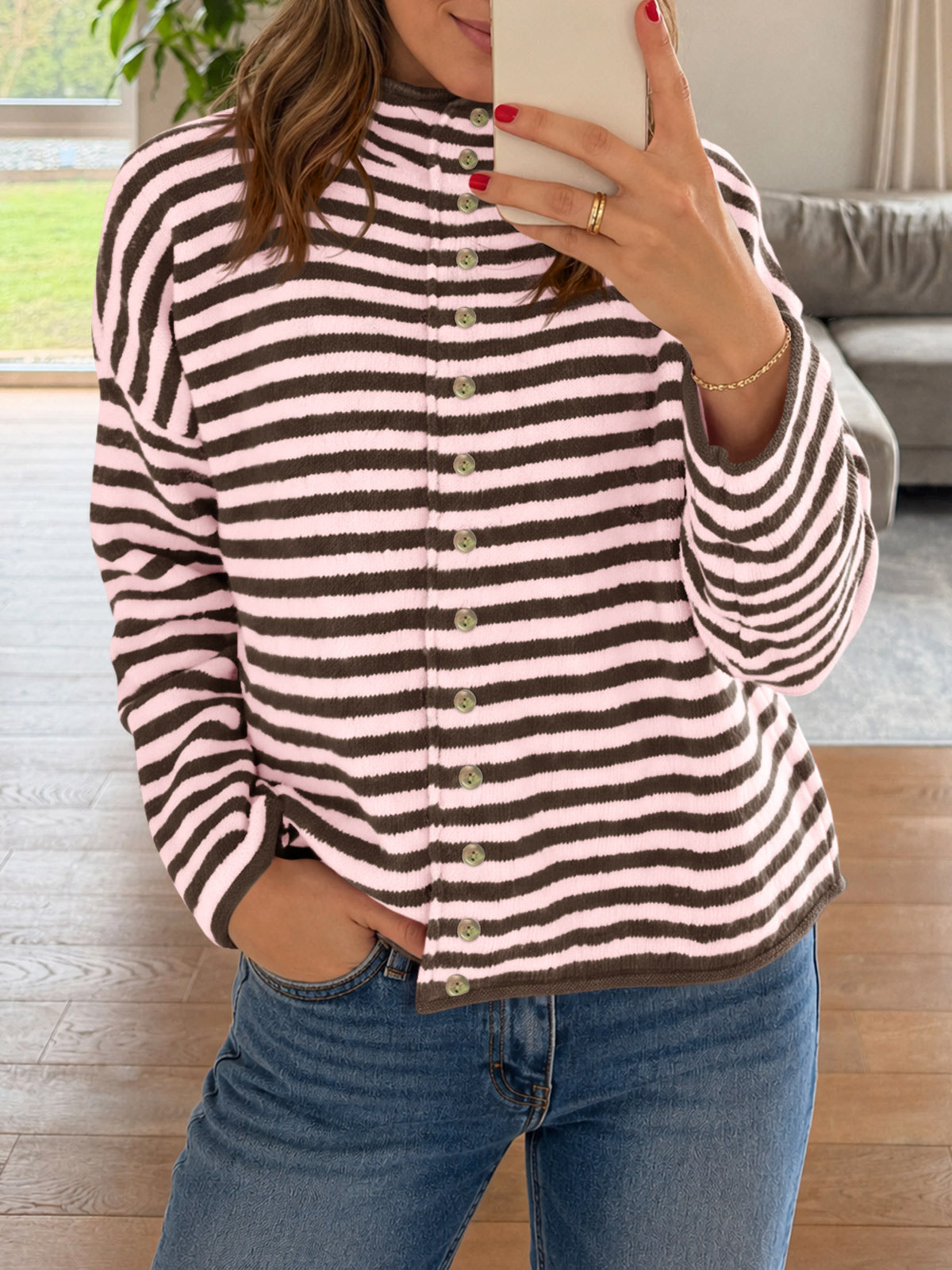 Saodimallsu Womens Striped Mock Neck Cardigan